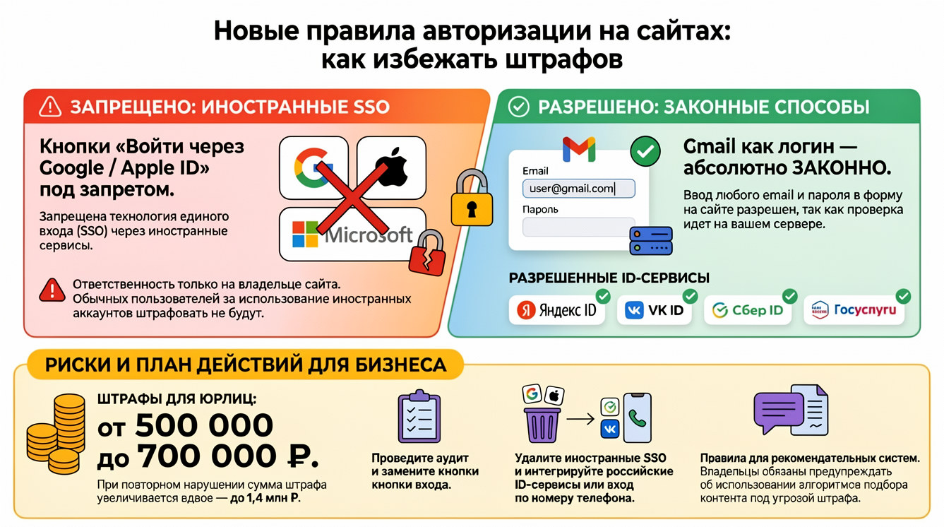 Можно ли использовать Gmail или другие иностарнные сервисы для входа на сайт в 2026? Новые штрафы за авторизацию через Google и Apple ID