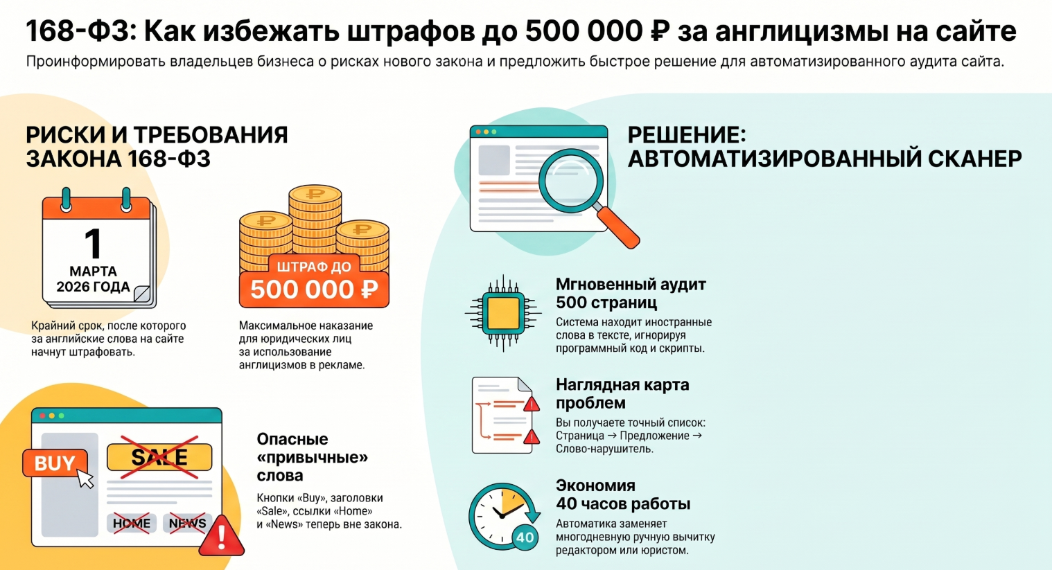 Как убрать иностранные слова и англицизмы с сайта и не попасть под штраф по 168-ФЗ до 500 000 рублей